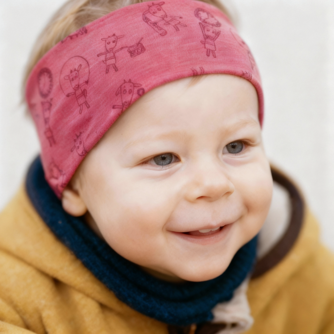 Kinder-Stirnband himbeere Geißlein, Merinowolle & Seide (bio/GOTS)