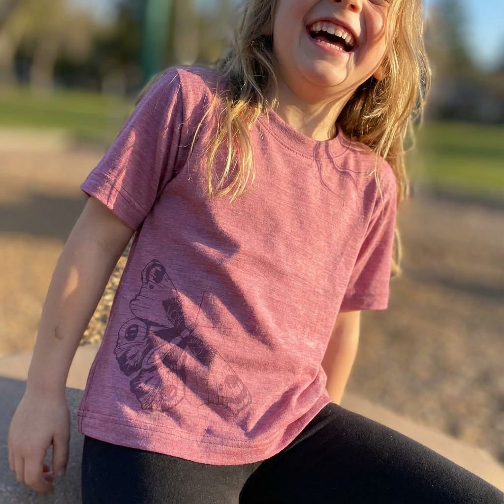 T-Shirt rosé mit Schmetterling, Merinowolle & Seide (bio/GOTS)