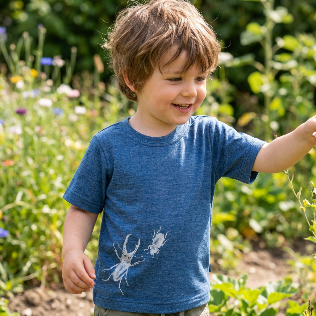 T-shirt royal blue with stag beetle, merino wool &amp; silk (organic/GOTS)