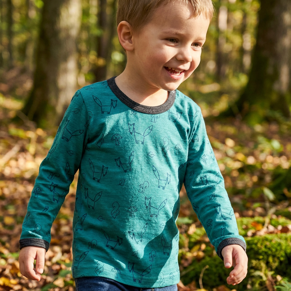 Shirt smaragd Fuchs, Merinowolle & Seide (bio/GOTS)