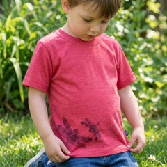 T-Shirt himbeere mit Libelle, Merinowolle & Seide (bio/GOTS)