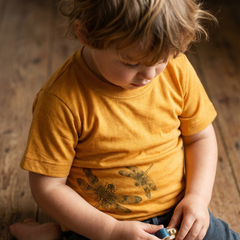 T-shirt sunny yellow with dragonfly, merino wool &amp; silk (organic/GOTS)