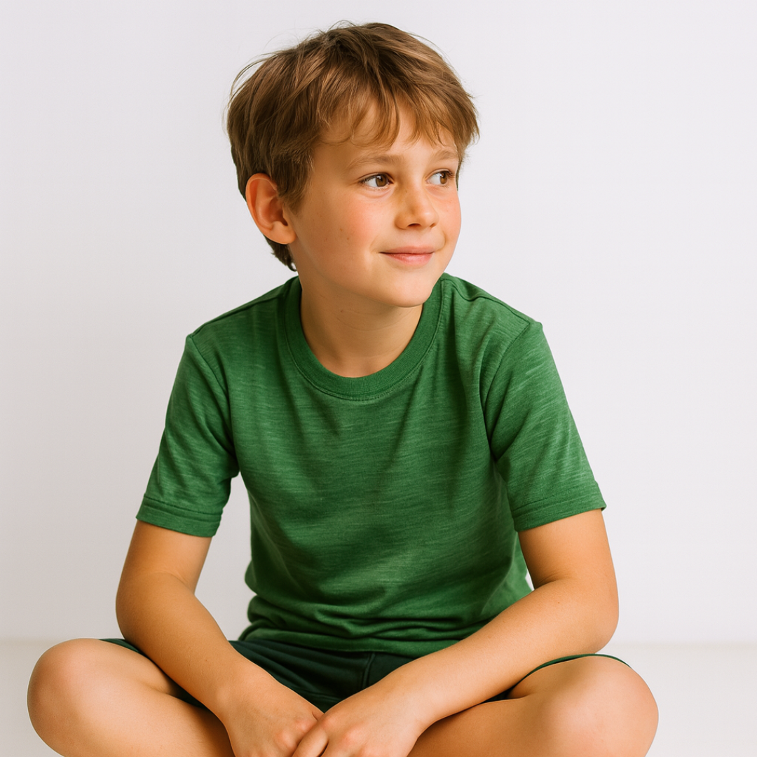 T-Shirt Kinder waldgrün, Merinowolle & Seide (bio/GOTS)