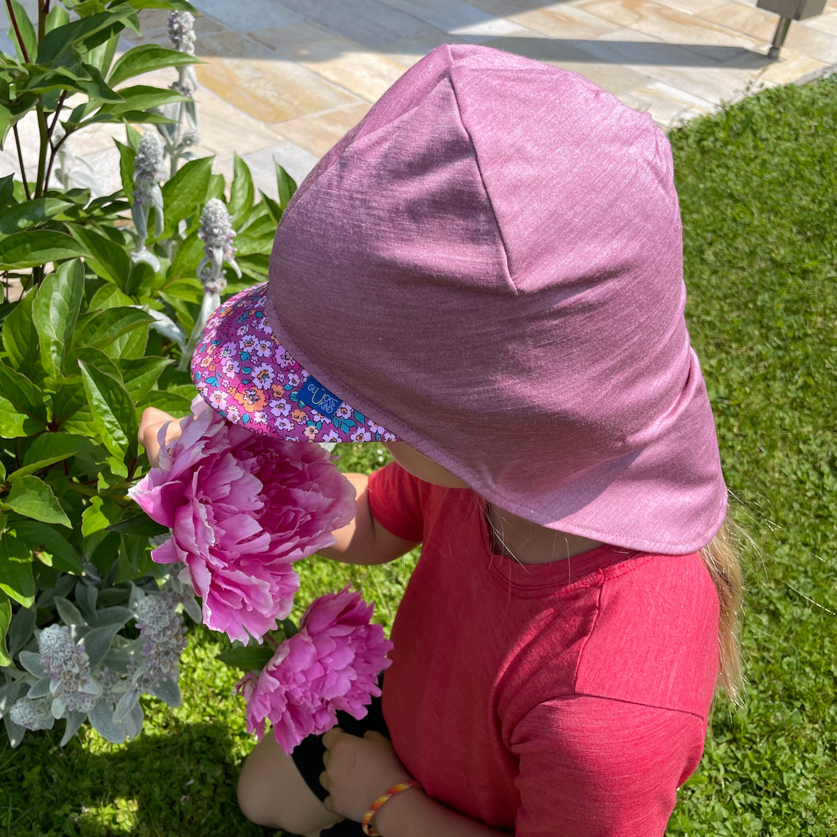 Sommerkappe rose mit Blumen limited edition, Merinowolle & Seide (bio/GOTS)