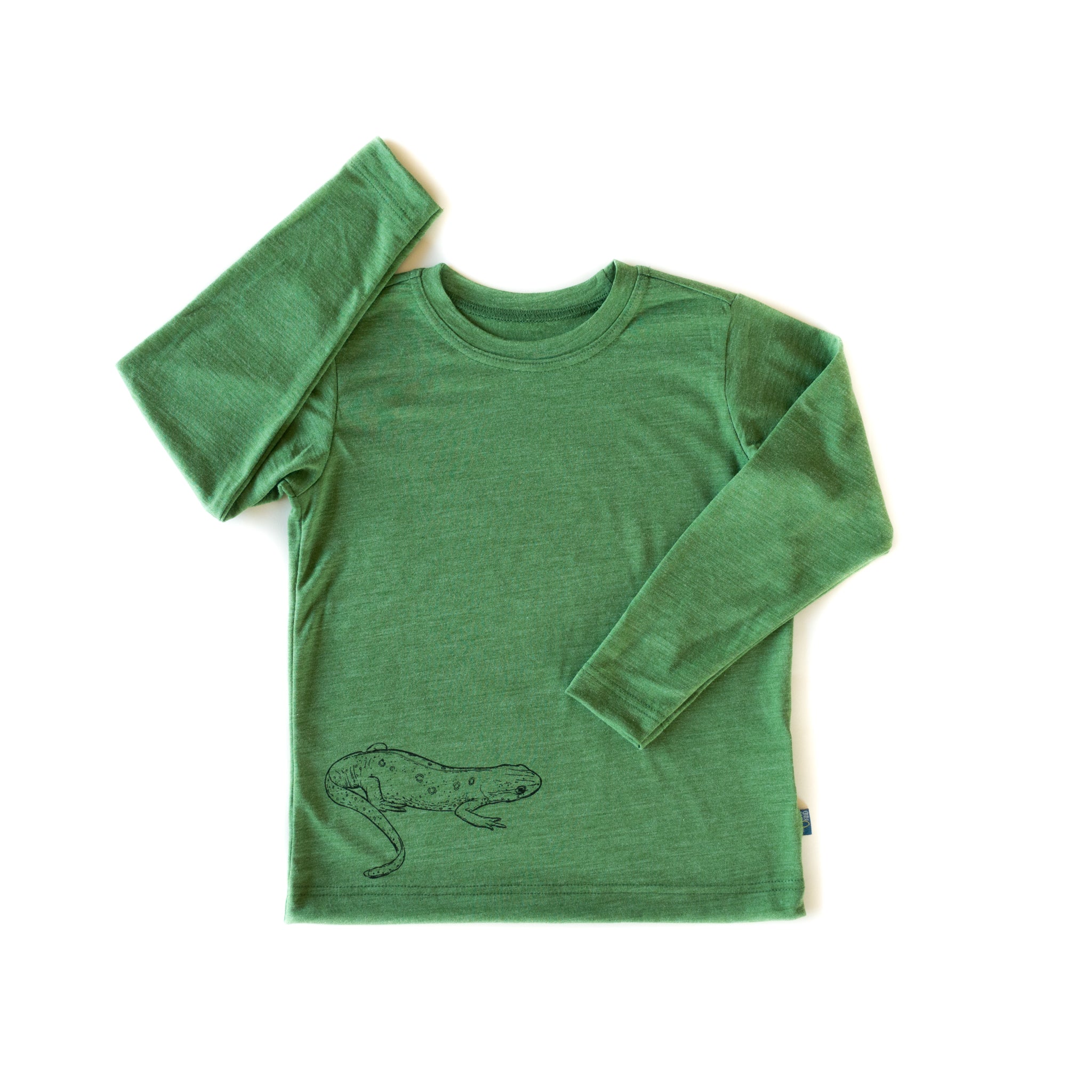 Glückskind Shirt | Merinowolle & Seide (bio/GOTS) - waldgrün Salamander 110-116 mulesing frei, kbA, kbT, nachhaltig, individuelles Mode Label aus Salzburg