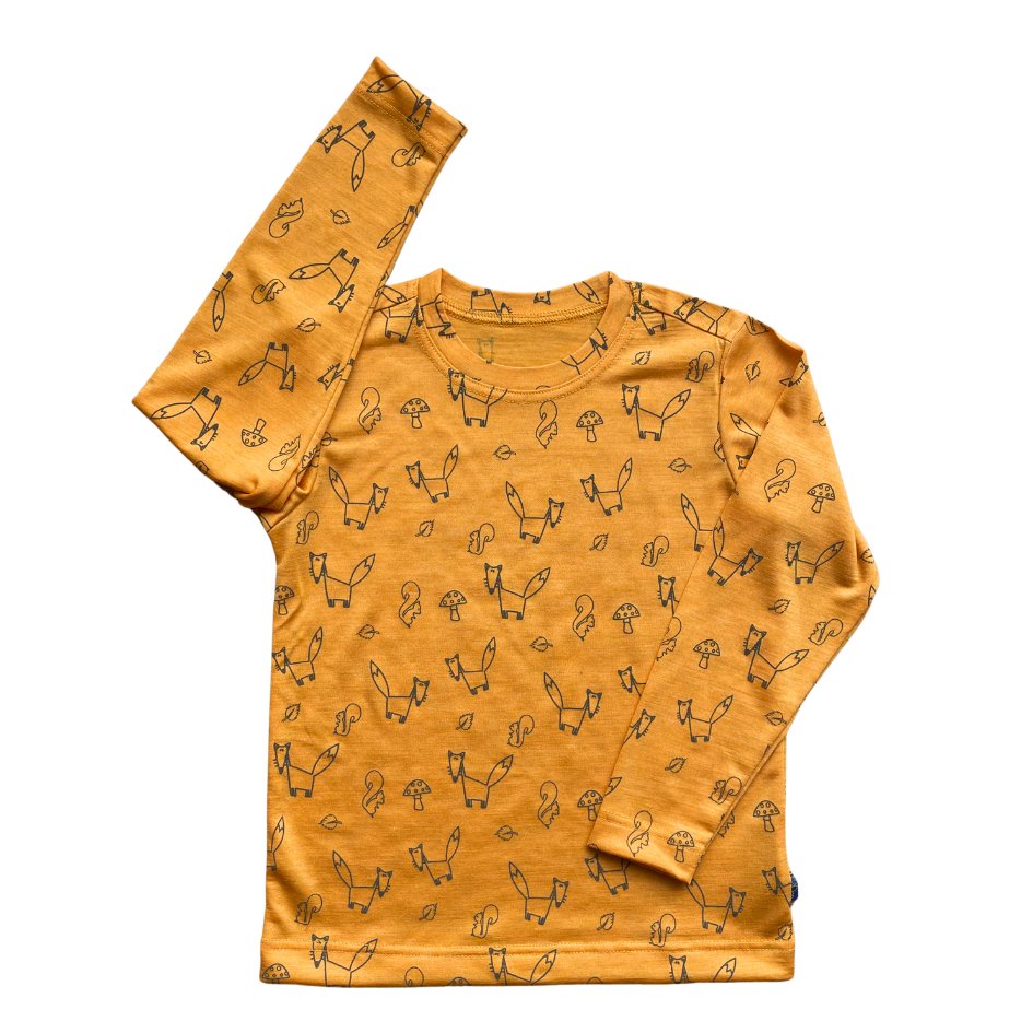 Shirt sonnengelb mit Fuchs-Print, Merinowolle & Seide (bio/GOTS) - Glückskind - Shirt - 110-116