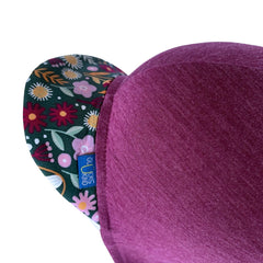 Sommerkappe zwetschke mit Blumen limited edition, Merinowolle & Seide (bio/GOTS) - Glückskind - Sommerkappe - S (bis 41cm KU)
