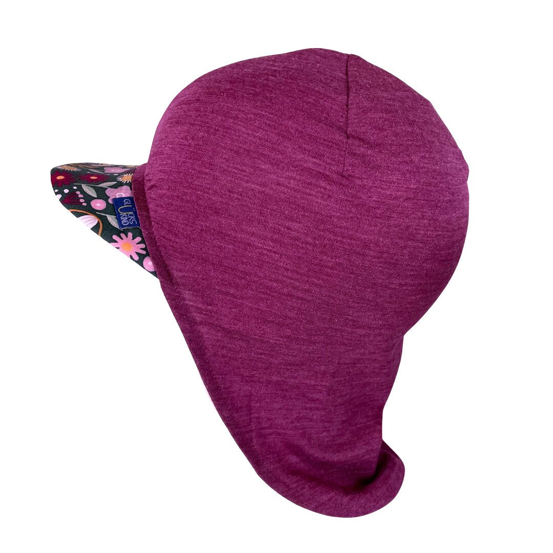 Sommerkappe zwetschke mit Blumen limited edition, Merinowolle & Seide (bio/GOTS) - Glückskind - Sommerkappe - S (bis 41cm KU)