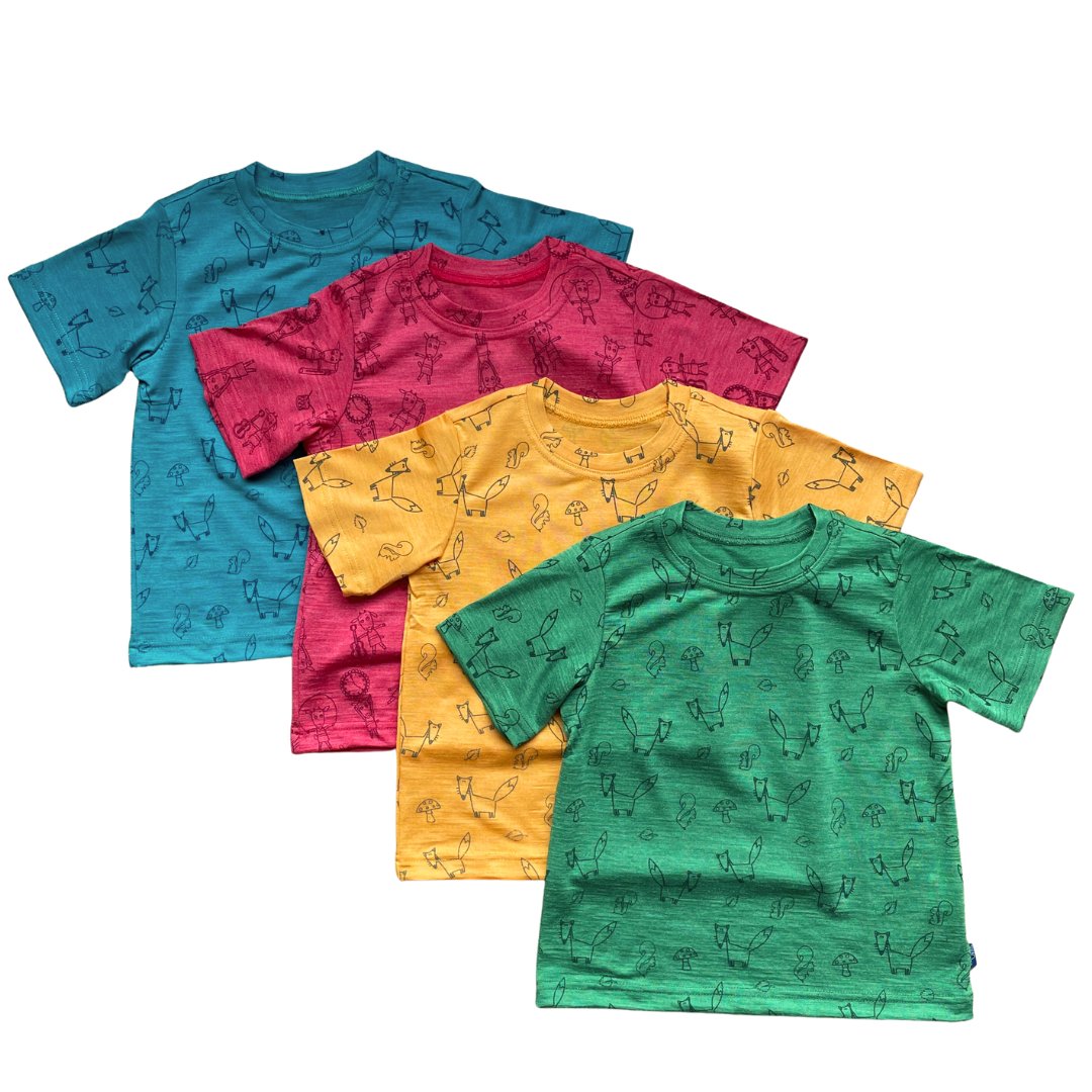 T-Shirt smaragd mit Fuchs-Print, Merinowolle & Seide (bio/GOTS) - Glückskind - T-Shirt - 86-92