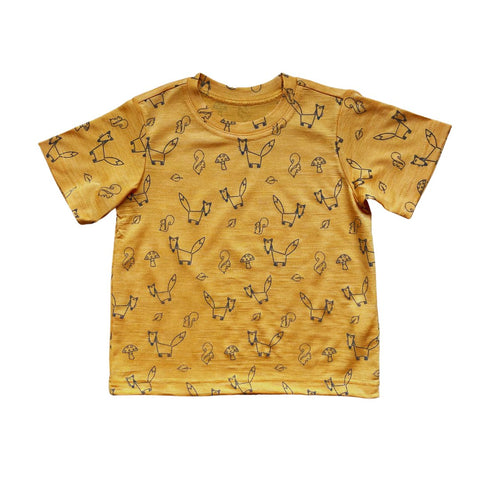 T-Shirt sonnengelb mit Fuchs-Print, Merinowolle & Seide (bio/GOTS) - Glückskind - T-Shirt - 86-92