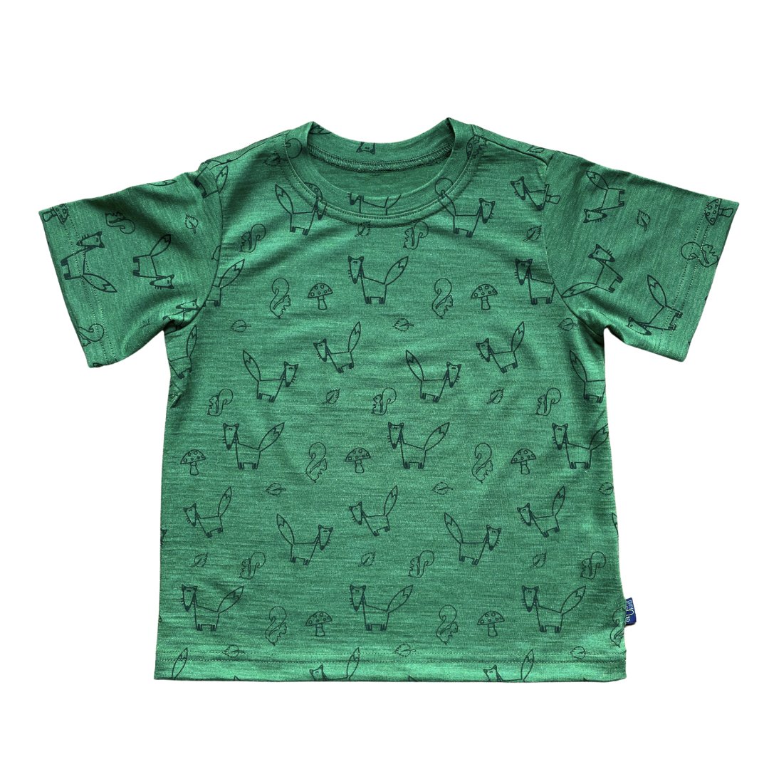 T-Shirt waldgrün mit Fuchs-Print, Merinowolle & Seide (bio/GOTS) - Glückskind - T-Shirt - 86-92